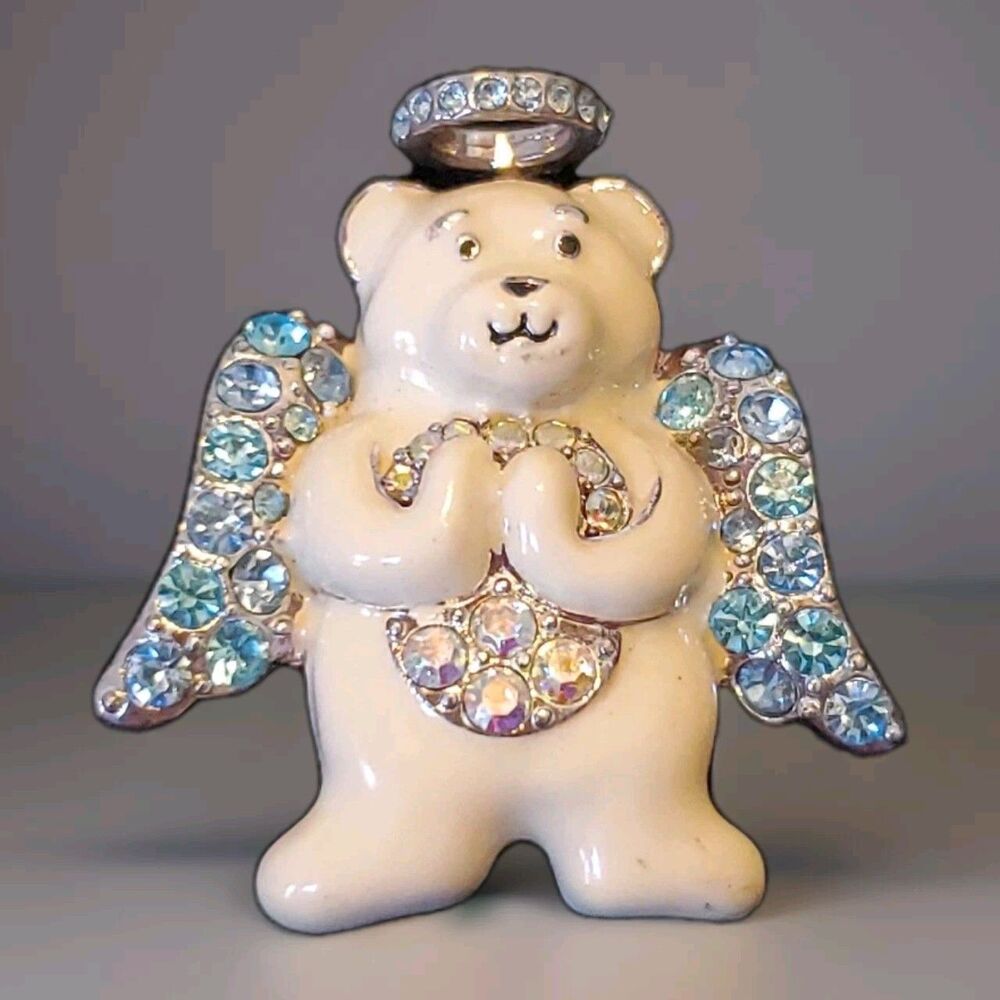 Angel a Bear Brooch Blue Rhinestone Wings  White Enamel Gold Tone Back Costume